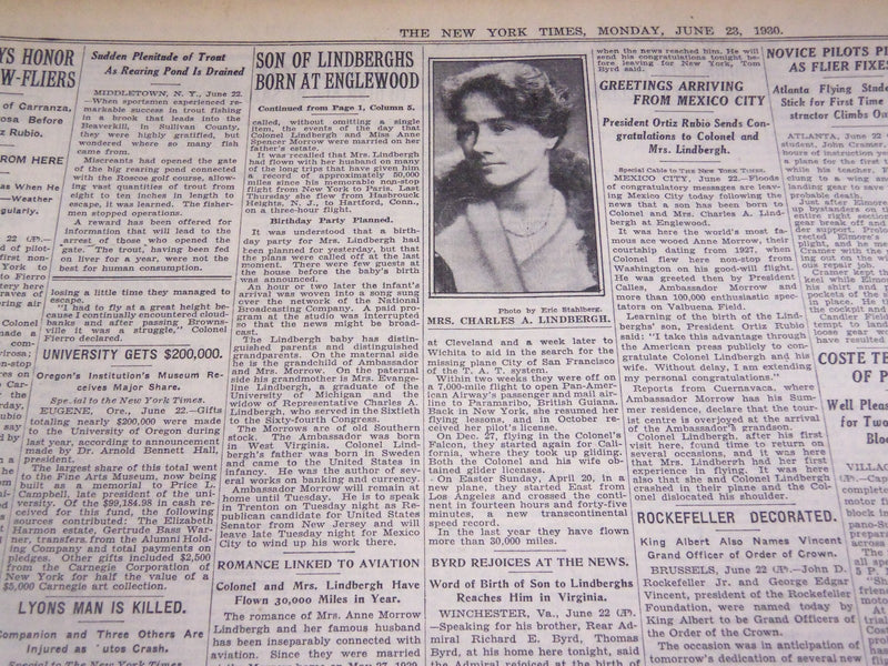 1930 JUNE 23 NEW YORK TIMES - SON BORN TO COL. & MRS. LINDBERGH - NT 1665