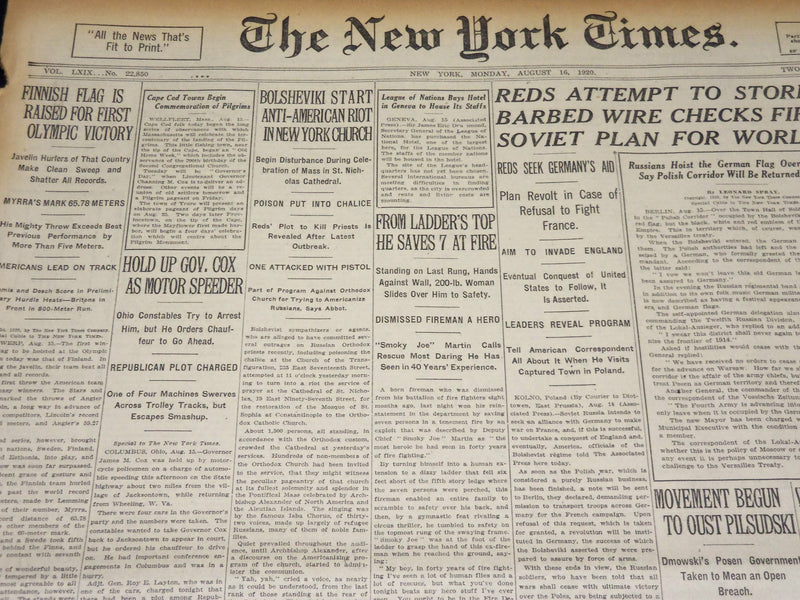 1920 AUG 16 NEW YORK TIMES - FINNISH FLAG IS RAISED FIRST OLYMPIC WIN - NT 8568