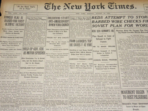 1920 AUG 16 NEW YORK TIMES - FINNISH FLAG IS RAISED FIRST OLYMPIC WIN - NT 8568