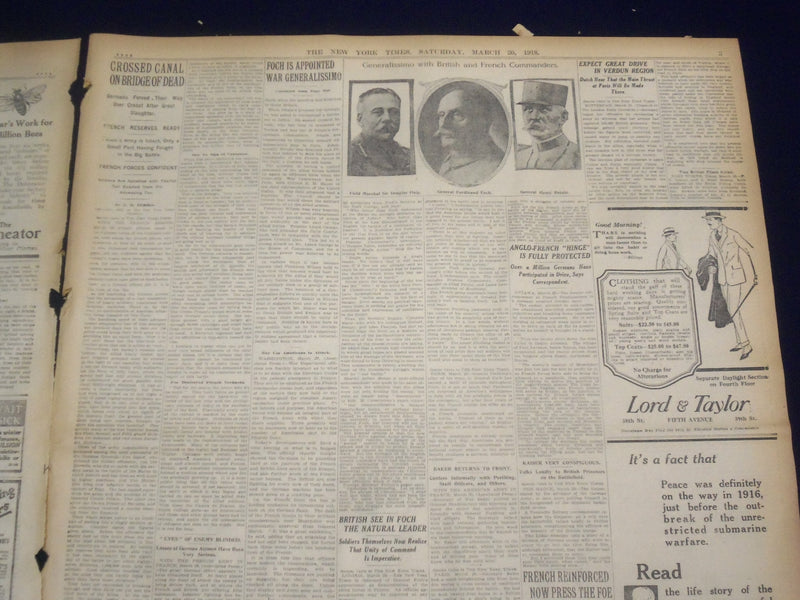 1918 MARCH 30 NEW YORK TIMES - FOCH NOW COMMANDS ALLIED ARMIES - NT 8155