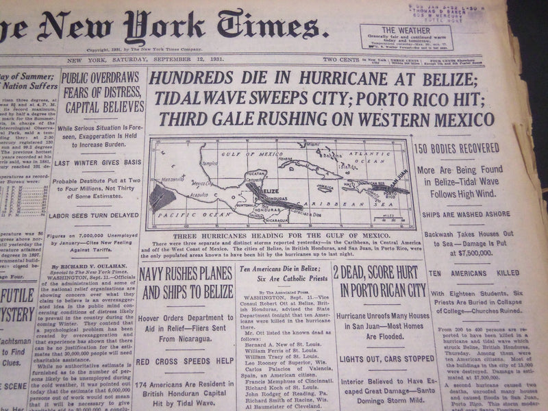 1931 SEPTEMBER 12 NEW YORK TIMES - HUNDREDS DIE IN HURRICANE AT BELIZE - NT 5014