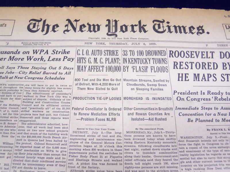 1939 JULY 6 NEW YORK TIMES - 33 TO 100 DROWNED IN KENTUCKY TOWNS - NT 600