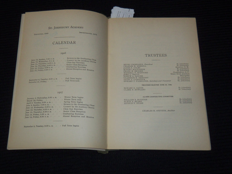 1906 ST. JOHNSBURY ACADEMY CATALOGUE - ST. JOHNSBURY, VERMONT - K 3109