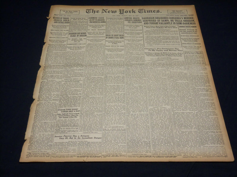 1920 MAY 24 NEW YORK TIMES - BARRAGAN DESCRIBES CARRANZA'S MURDER - NT 8684