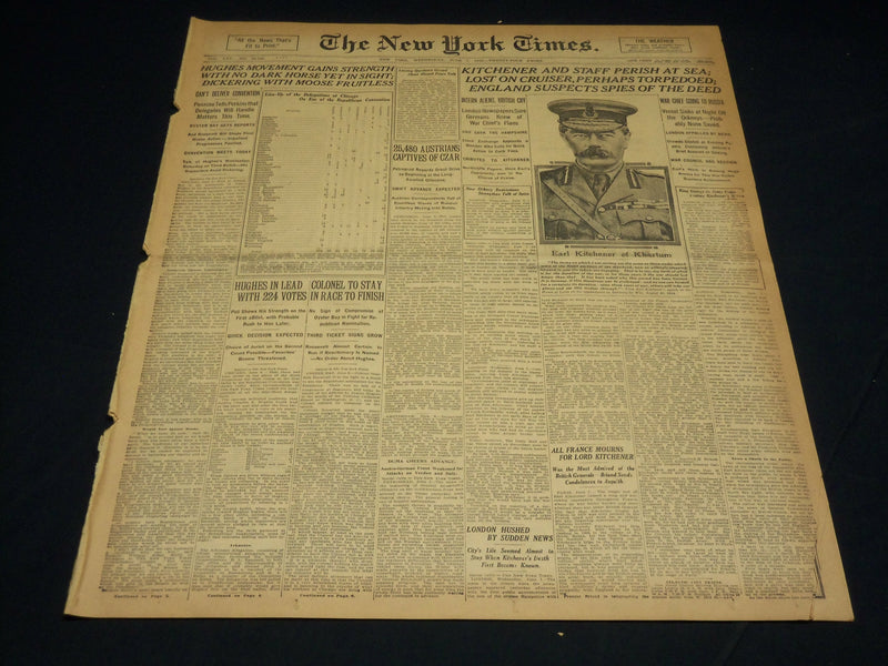 1916 JUNE 7 NEW YORK TIMES - KITCHENER AND STAFF PERISH AT SEA - NT 8607