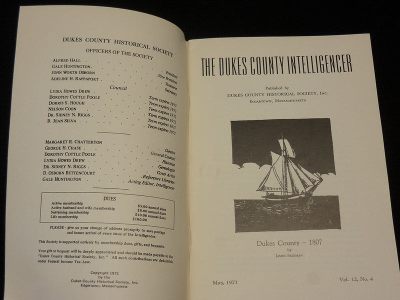 1971 DUKES COUNTY INTELLIGENCER 1807 SOFTCOVER BOOK BY JAMES FREEMAN - J 7091