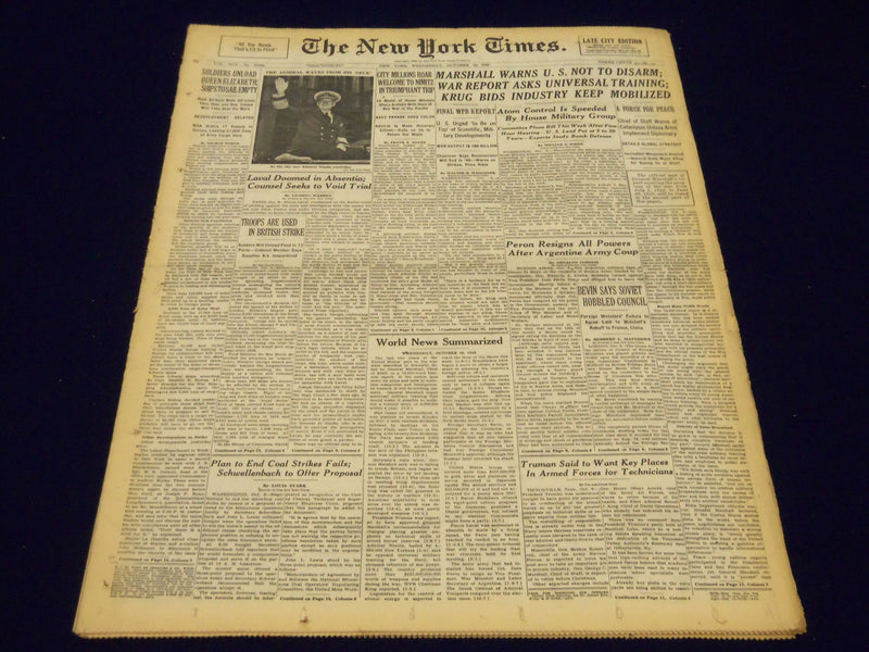 1945 OCT 10 NEW YORK TIMES - CITY MILLIONS ROAR WELCOME TO NIMITZ - NT 275