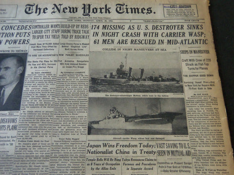 1952 APRIL 28 NEW YORK TIMES - 174 MISSING AS U. S. DESTROYER SINKS - NT 5989