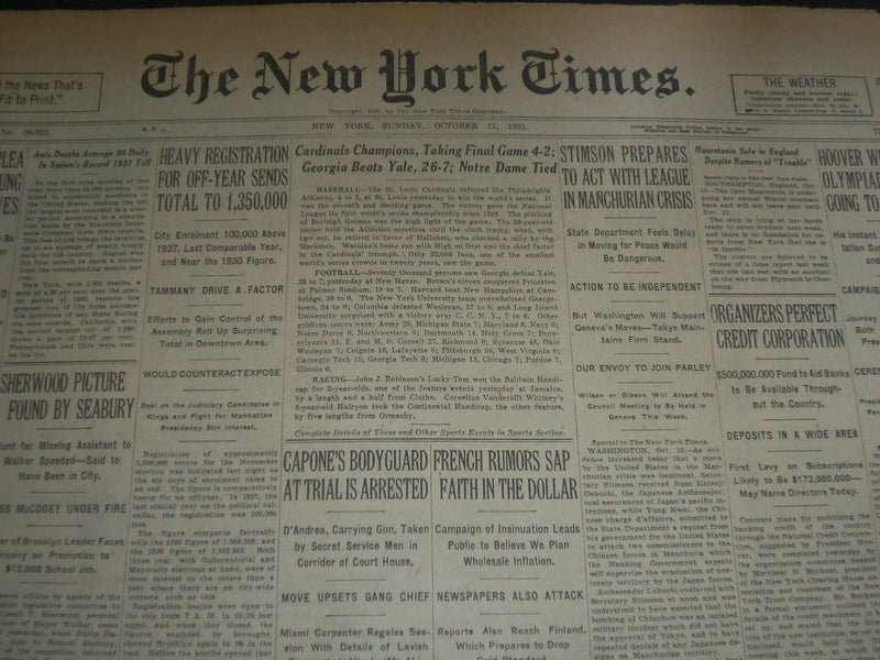1931 OCT 11 NEW YORK TIMES - CARDINALS CHAMPIONS TAKING FINAL GAME 4-2 - NT 7343