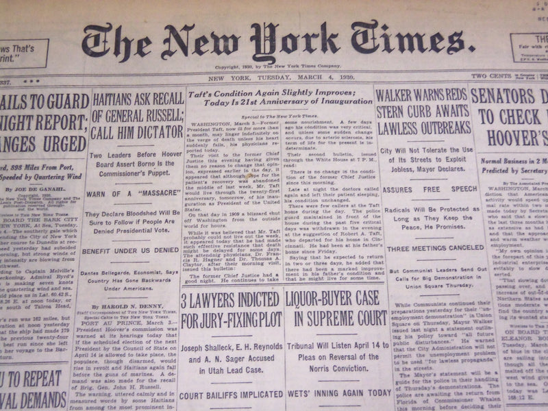 1930 MARCH 4 NEW YORK TIMES - TAFT'S CONDITION GRAVE - NT 3903