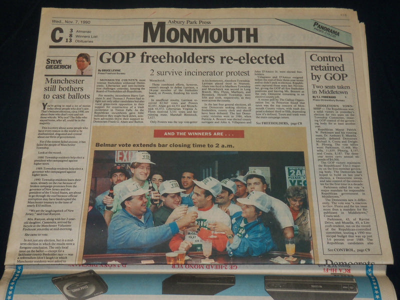 1990 NOVEMBER 7 THE ASBURY PARK PRESS NEWSPAPER - BRADLEY - PALLONE WIN- NP 4919