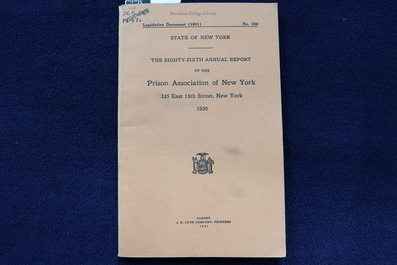 1930 PRISON ASSOCIATION OF NEW YORK ANNUAL REPORT SOFTCOVER BOOK BY - K 850