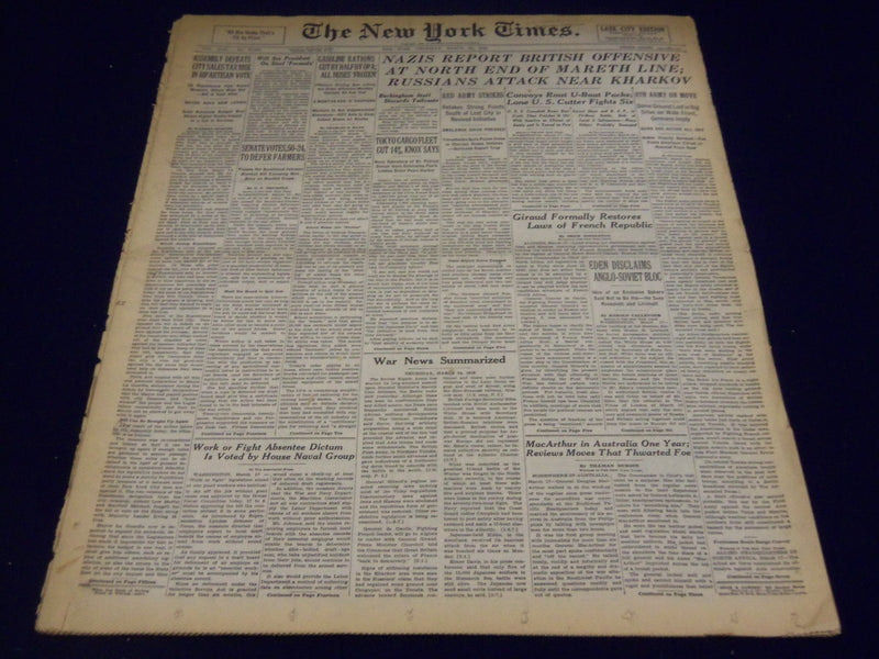 1943 MARCH 18 NEW YORK TIMES NAZIS REPORT BRITISH OFFENSIVE AT MARETH - NT 1742