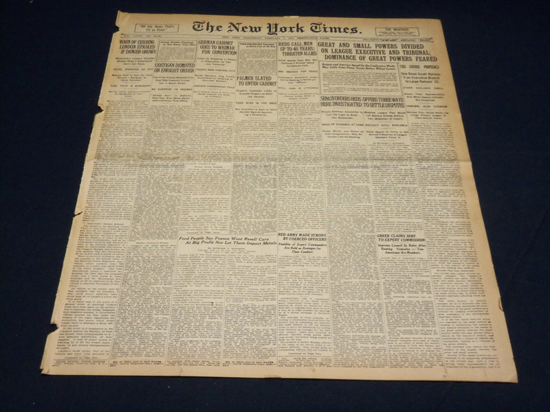 1919 FEBRUARY 5 NEW YORK TIMES - DOMINANCE OF GREAT POWERS FEARED - NT 7960