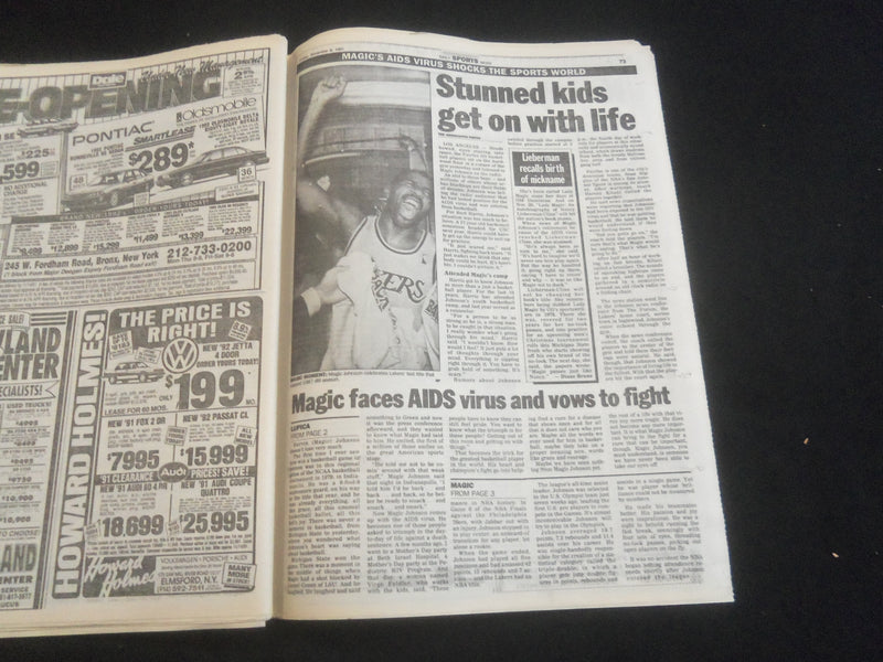 1991 NOV 8 NEW YORK DAILY NEWS NEWSPAPER - MAGIC JOHNSON AIDS VIRUS - NP 5879
