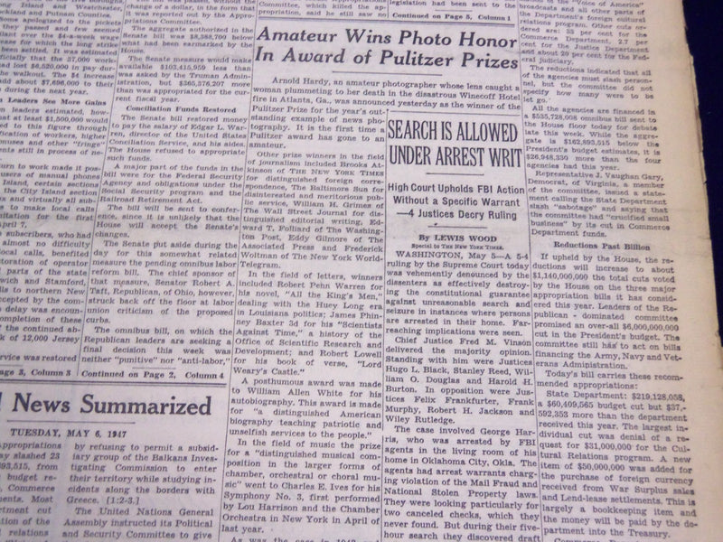 1947 MAY 6 NEW YORK TIMES - PULTIZER PRIZES AWARDED - NT 3285