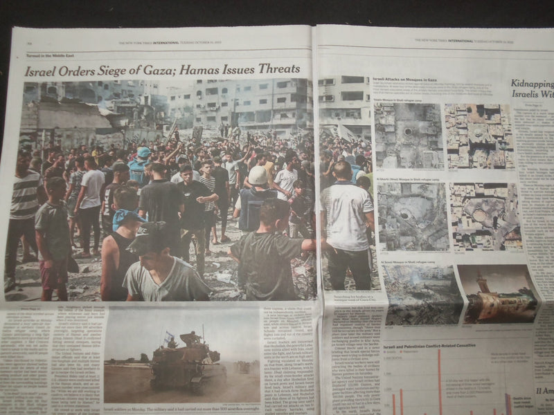 2023 OCTOBER 10 NEW YORK TIMES - ISRAEL ORDERS SIEGE; HAMAS ISSUES THREATS