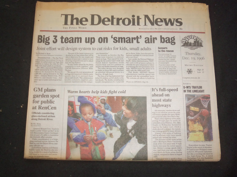 1996 DEC 19 THE DETROIT NEWS NEWSPAPER -BIG 3 TEAM UP ON SMART AIR BAG - NP 7708