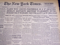 1941 MAY 23 NEW YORK TIMES - NAZIS WIN CRETE FOOTHOLD, R. A. F. LEAVES - NT 1076