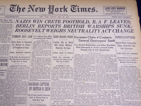 1941 MAY 23 NEW YORK TIMES - NAZIS WIN CRETE FOOTHOLD, R. A. F. LEAVES - NT 1076