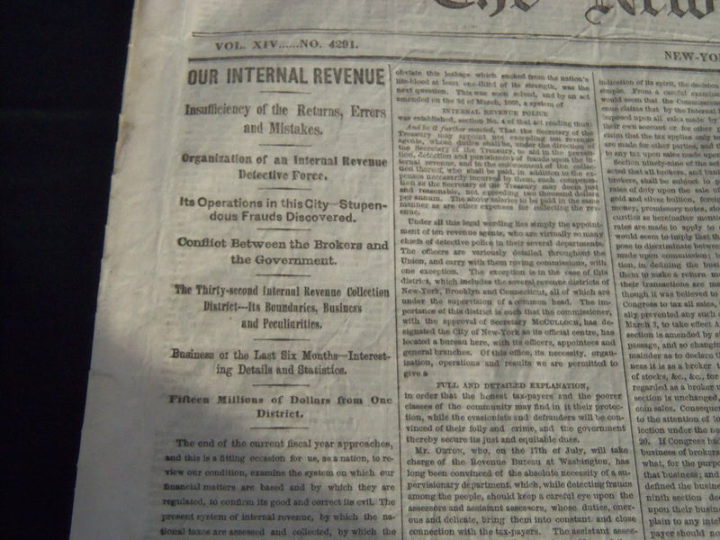 1865 JUNE 26 NEW YORK TIMES NEWSPAPER - OUR INTERNAL REVENUE - NP 3995