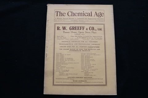 1922 AUGUST 12 THE CHEMICAL AGE MAGAZINE - R.W. GREEFF & CO. COVER - SP 4924G