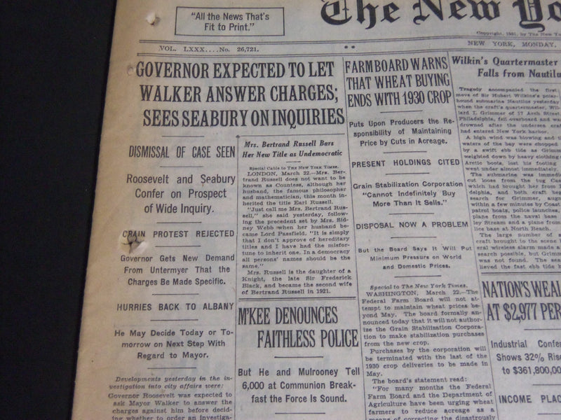 1931 MARCH 23 NEW YORK TIMES - GOVERNOR EXPECTED TO LET WALKER ANSWER - NT 6672