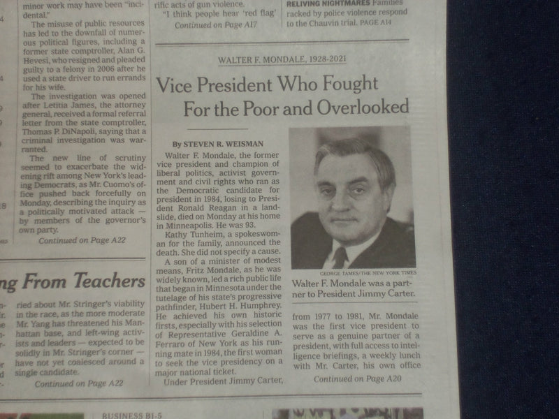 2021 APRIL 20 NEW YORK TIMES - CHAUVIN TRIAL GOES TO JURY - WALTER MONDALE DIED