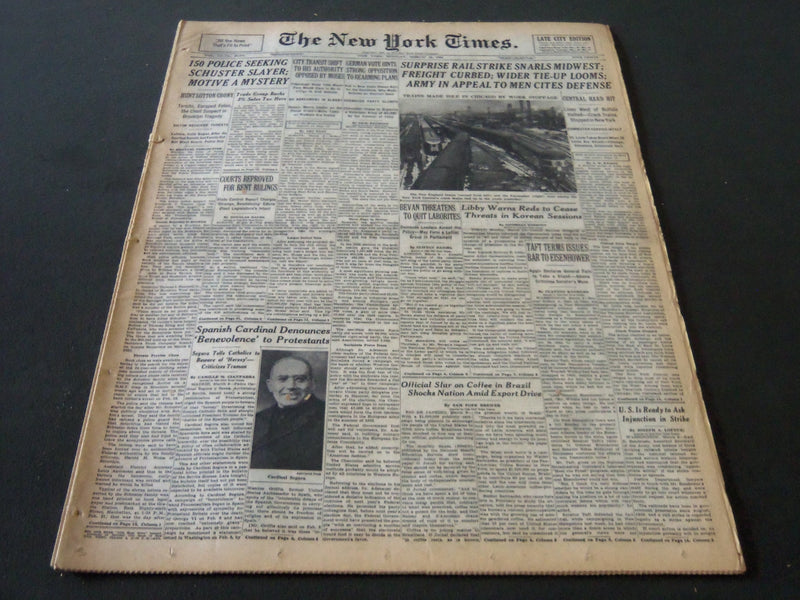 1952 MARCH 10 NEW YORK TIMES - SURPRISE RAIL STRIKE SWARLS MIDWEST - NT 5927