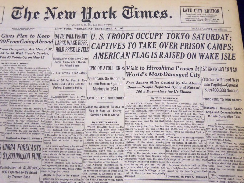 1945 SEPT 5 NEW YORK TIMES - U. S. TROOPS OCCUPY TOKYO SATURDAY - NT 238
