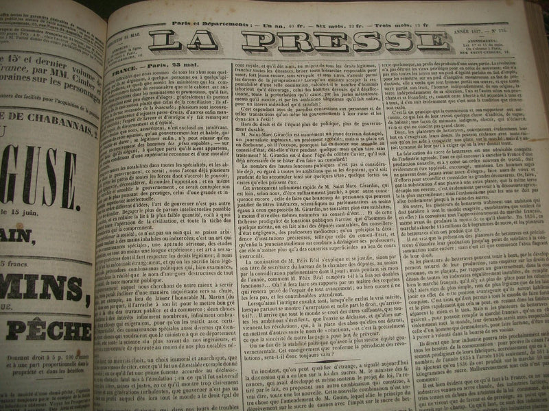 1837 JANUARY-JUNE LA PRESSE FRENCH NEWSPAPER BOUND VOLUME - SCIENCE - KD 1279I
