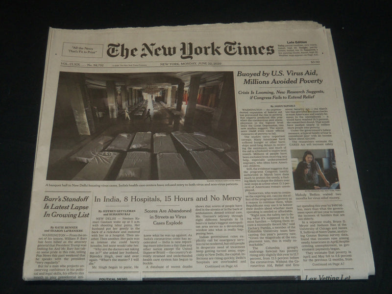 2020 JUNE 22 NEW YORK TIMES -BUOYED BY U. S. VIRUS AID, MILLIONS AVOIDED POVERTY