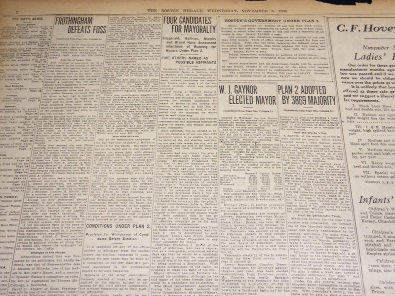 1909 NOVEMBER 3 THE BOSTON HERALD - GOV. DRAPER RE-ELECTED W. J. GAYNOR - BH 393