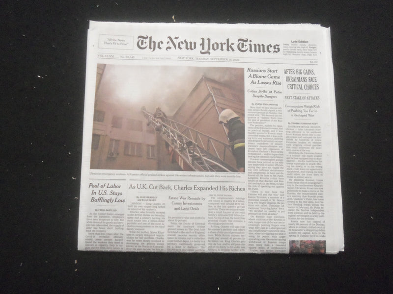2022 SEP 13 NEW YORK TIMES - AFTER BIG GAINS, UKRAINIANS FACE CRITICAL CHOICES