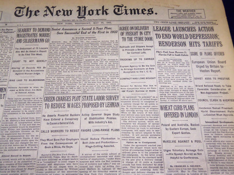 1931 MAY 20 NEW YORK TIMES LEAGUE LAUNCHES ACTION END WORLD DEPRESSION - NT 2443