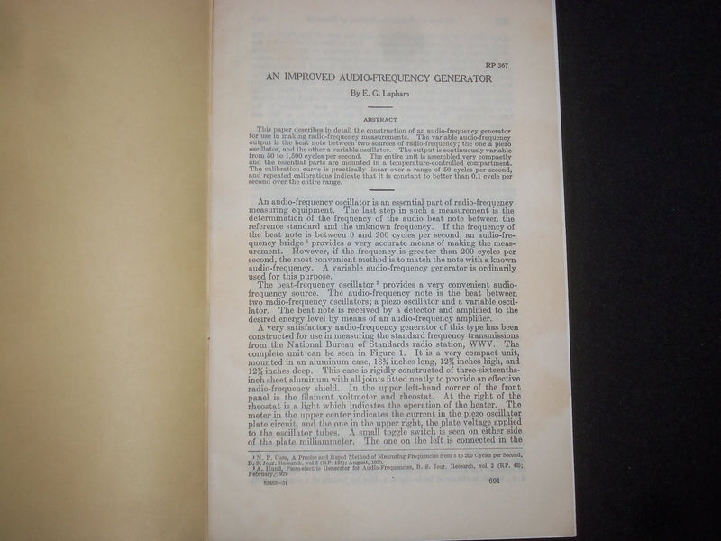 1931 AN IMPROVED AUDIO-FREQUENCY GENERATOR SOFTCOVER BOOK - E.G LAPHAM - J 9831