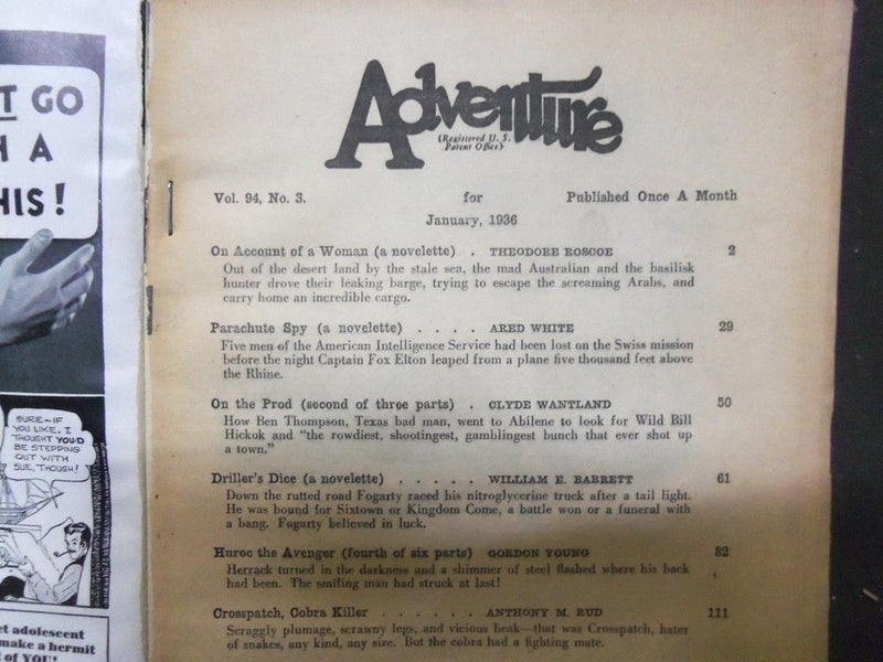 1936 JANUARY ADVENTURE MAGAZINE - SPY NEAR EAST OIL FIELDS - ARED WHTIE - J 5539