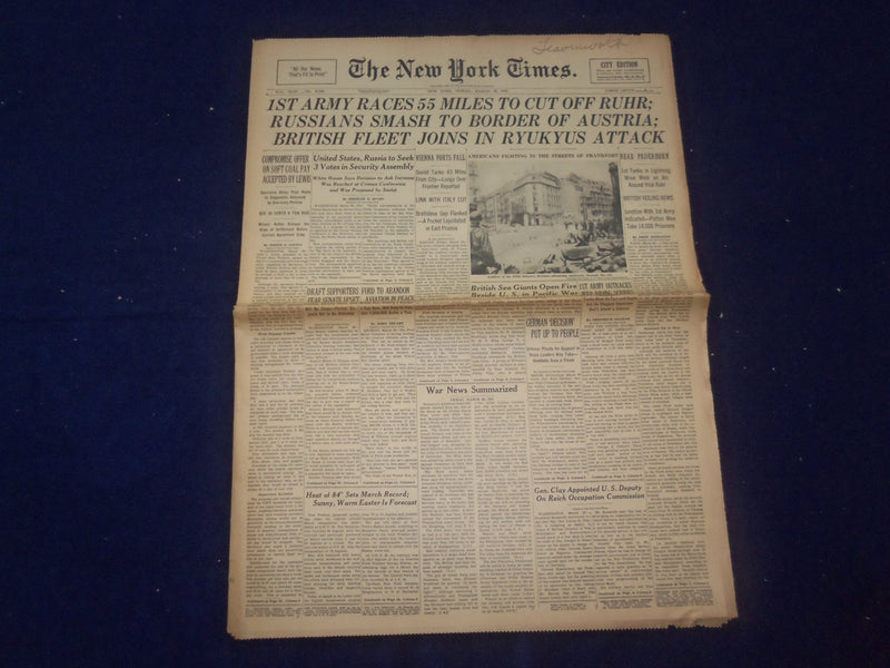 1945 MARCH 30 NEW YORK TIMES - 1ST ARMY RACES 55 MILES TO CUT OFF RUHR - NP 6681