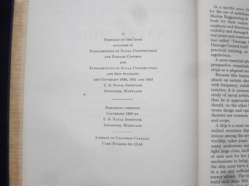 1956 FUNDAMENTALS/CONSTRUCTION/STABILITY OF NAVAL SHIPS HARDCOVER BOOK - KD 8600