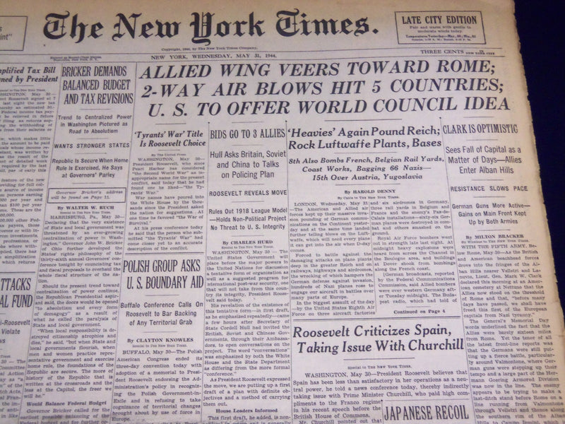1944 MAY 31 NEW YORK TIMES - ALLIED WING VEERS TOWARD ROME - NT 1722