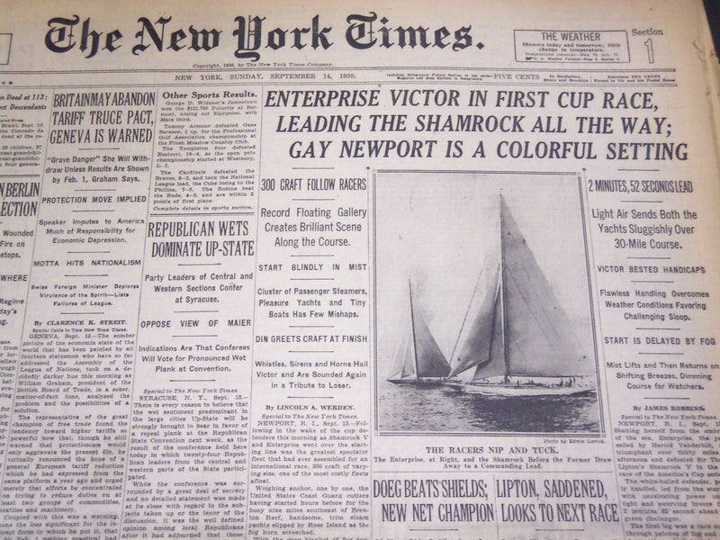 1930 SEPT 14 NEW YORK TIMES - ENTERPRISE VICTOR IN FIRST CUP RACE - NT 4954