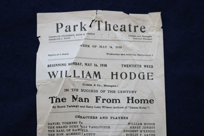 1910 MAY 16 THE MAN FROM HOME - PARK THEATRE - PROGRAM - HODGE - JEWETT - K 1666