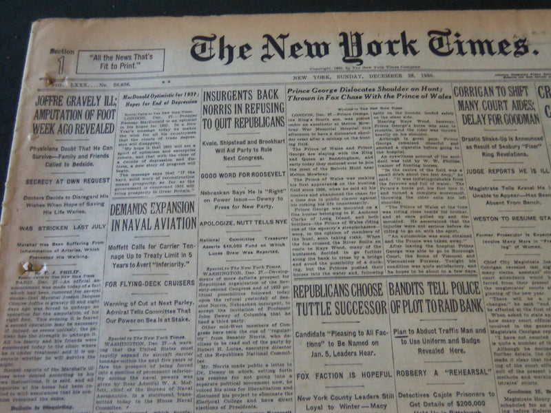 1930 DECEMBER 28 NEW YORK TIMES - JOFFRE GRAVELY ILL - NT 5628