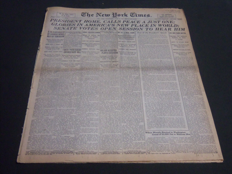 1919 JULY 9 NEW YORK TIMES - PRESIDENT HOME CALLS PEACE A JUST ONE - NT 6649