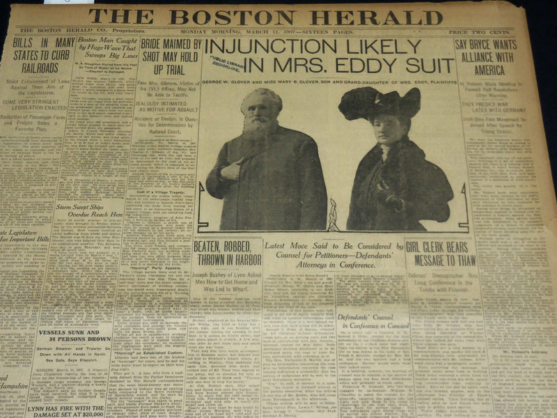 1907 MARCH 11 THE BOSTON HERALD - INJUCTION LIKELY IN MRS. EDDY SUIT - BH 386