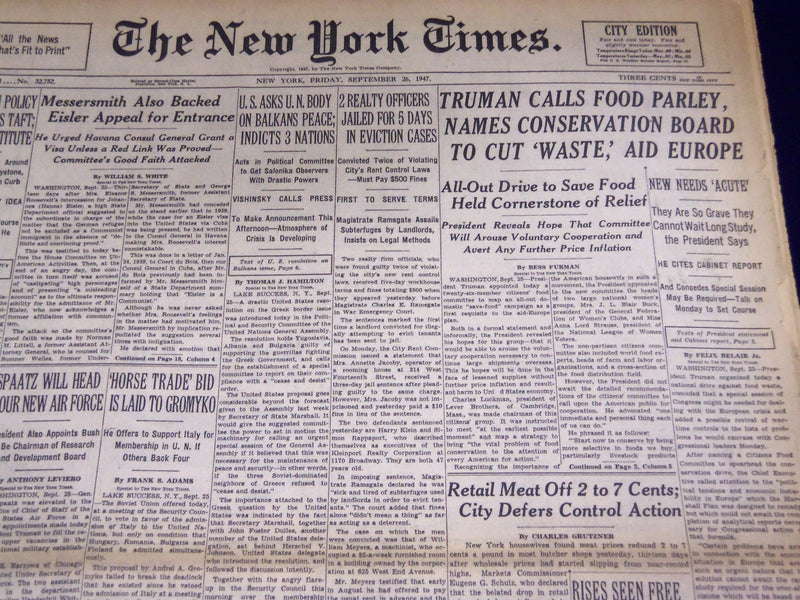 1947 SEPTEMBER 26 NEW YORK TIMES - TRUMAN CALLS FOOD PARLEY - NT 3314