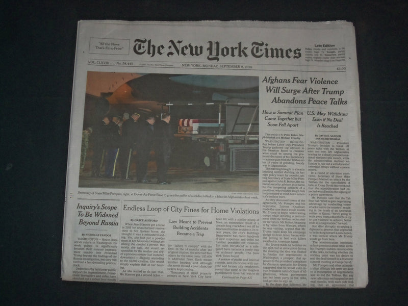 2019 SEP 9 NEW YORK TIMES-AFGHANS FEAR VIOLENCE SURGE,TRUMP ABANDONS PEACE TALKS