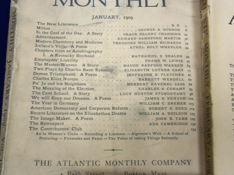 1909 THE ATLANTIC MONTHLY MAGAZINE LOT OF 11 - NICE STORIES & ARTICLES - WR 342