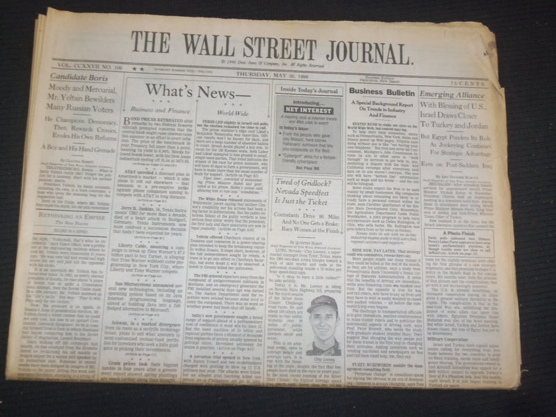 1996 MAY 30 THE WALL STREET JOURNAL-ISRAEL DRAWS CLOSER TO TURKEY &JORDAN-WJ 289