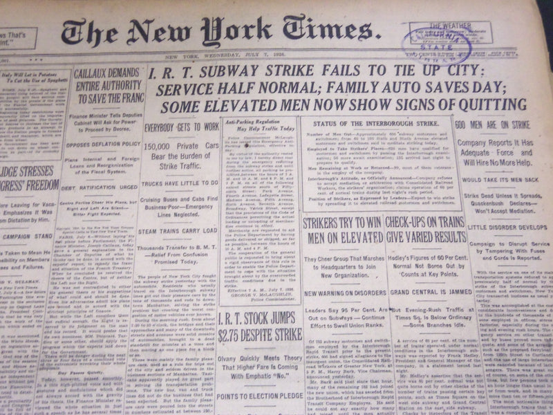 1926 JULY 7 NEW YORK TIMES - SUBWAY STRIKES FAILS TO TIE UP CITY - NT 5094
